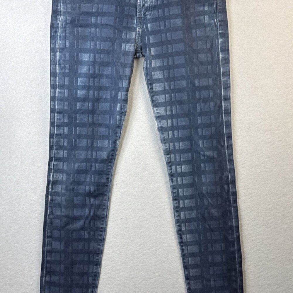 7 For All Mankind Skinny Leggings Womens Size 28 Waxed Coated‎ Jeans Blue Plaid